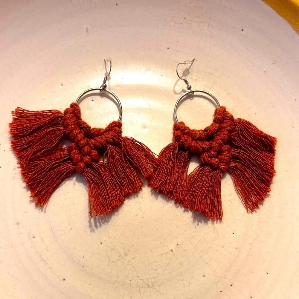 Elegant Rust Tassel Hoop Earrings
